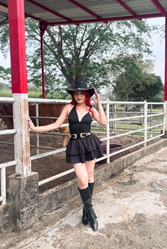 VESTIDO REVUELO TOQUE METAL